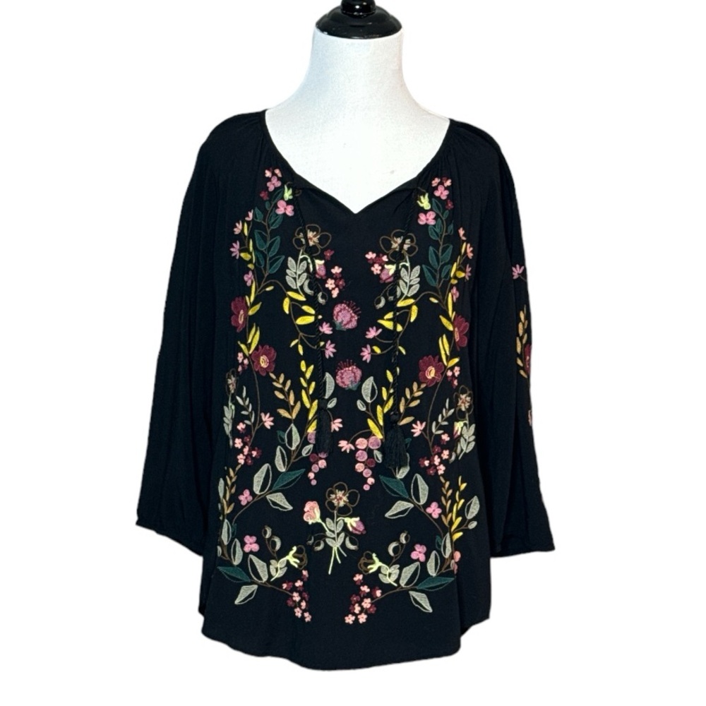 J.JILL FLORAL 3/4 SLEEVE BOHO FLORAL EMBROIDERED PEASANT BLOUSE - Picture 2 of 11